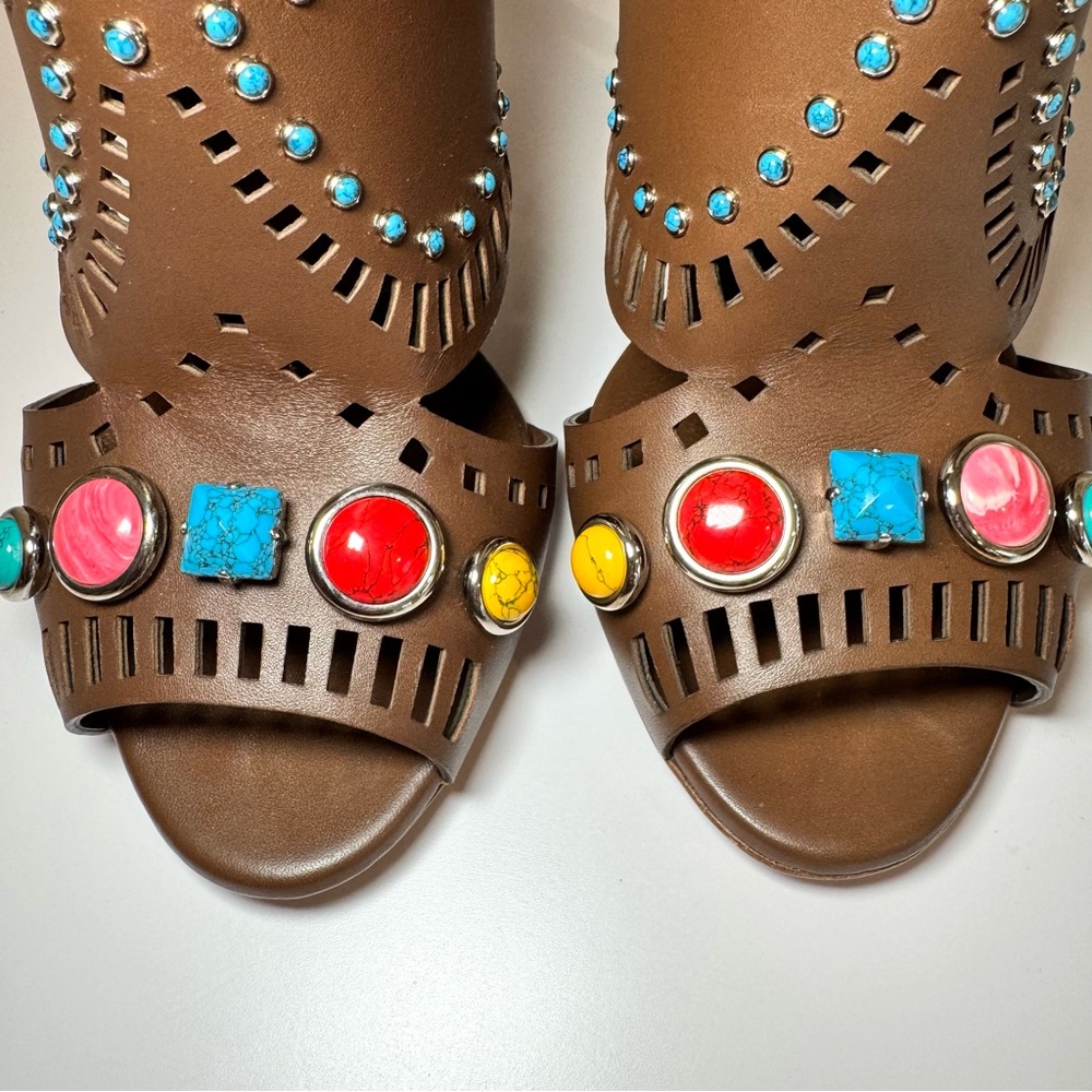 Gucci Lika Brown Leather Cutout Embellished Open Toe Bootie Sandal, Sz 38.5 - Picture 5 of 16